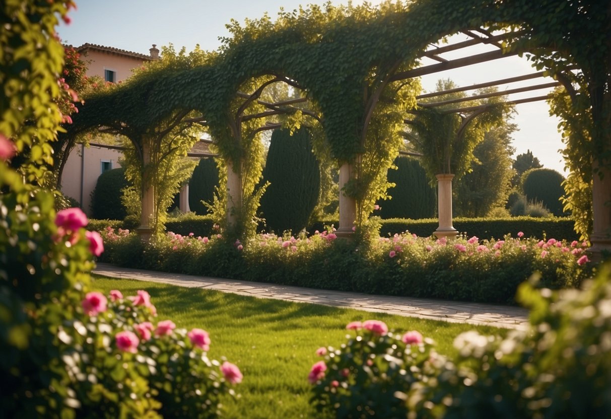 A pergola covered in lush vine plants stands in the center of an Italian garden, surrounded by colorful flowers and neatly trimmed hedges