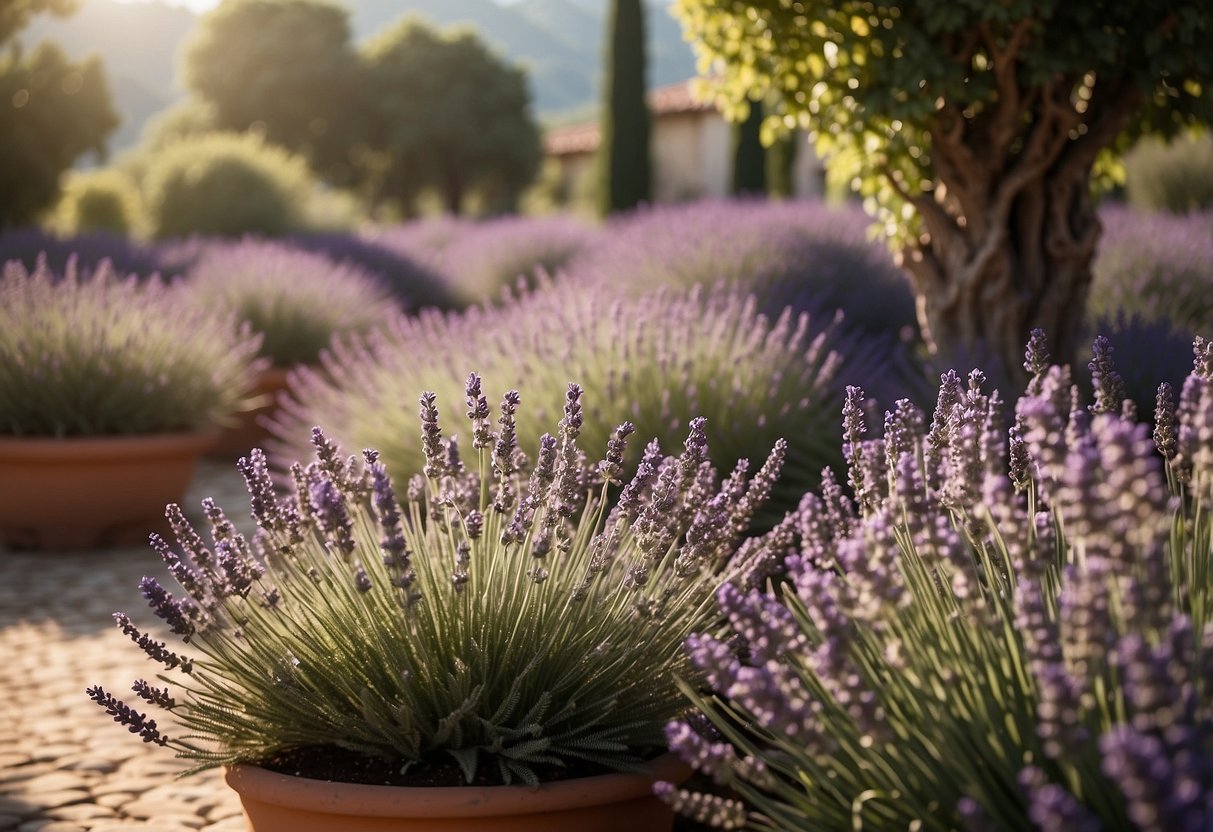 A serene Italian garden with lavender borders, neatly arranged and blooming under the warm Mediterranean sun