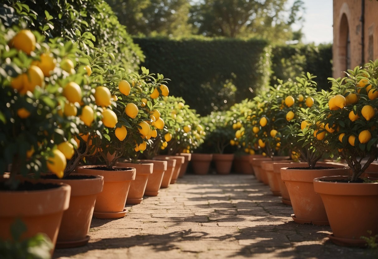 Lemon trees in terracotta pots arranged in a sunny Italian garden, surrounded by colorful flowers and lush greenery