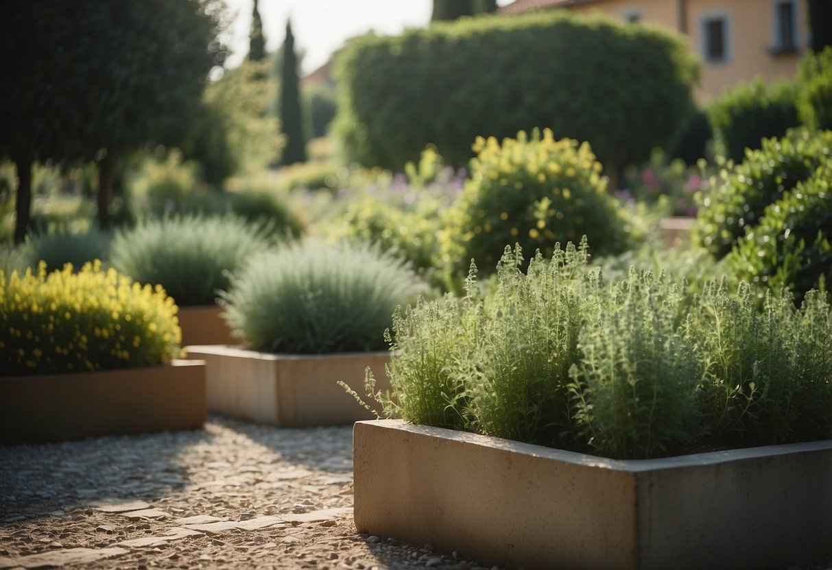 Lush herb raised beds in an Italian garden, with neatly arranged plants and pathways