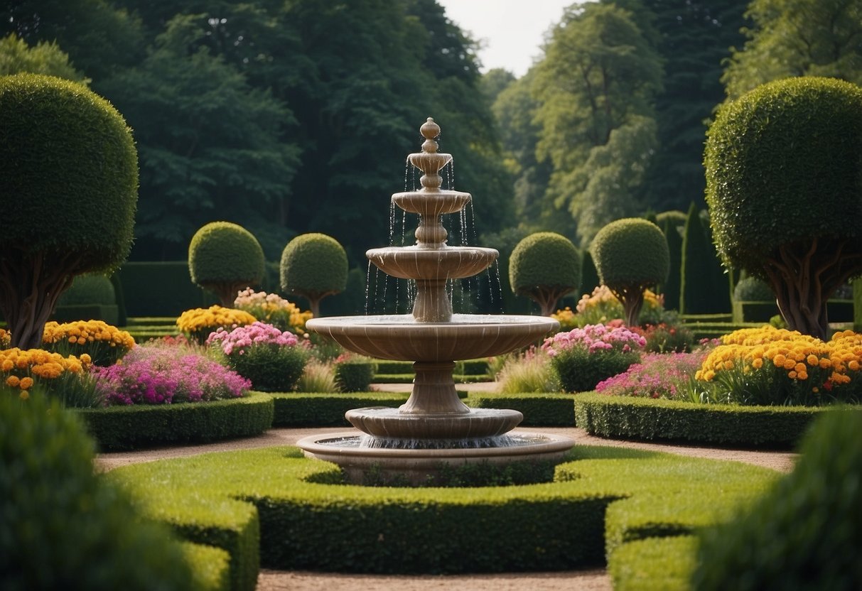 A symmetrical layout with geometric paths, formal hedges, and sculpted topiaries. Fountains and statues create focal points, surrounded by colorful flower beds