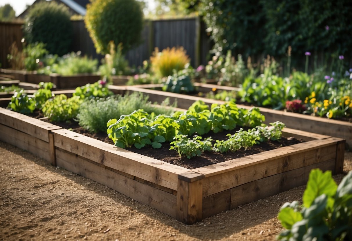 A series of raised vegetable beds made from railway sleepers, arranged in a neat and organized garden layout