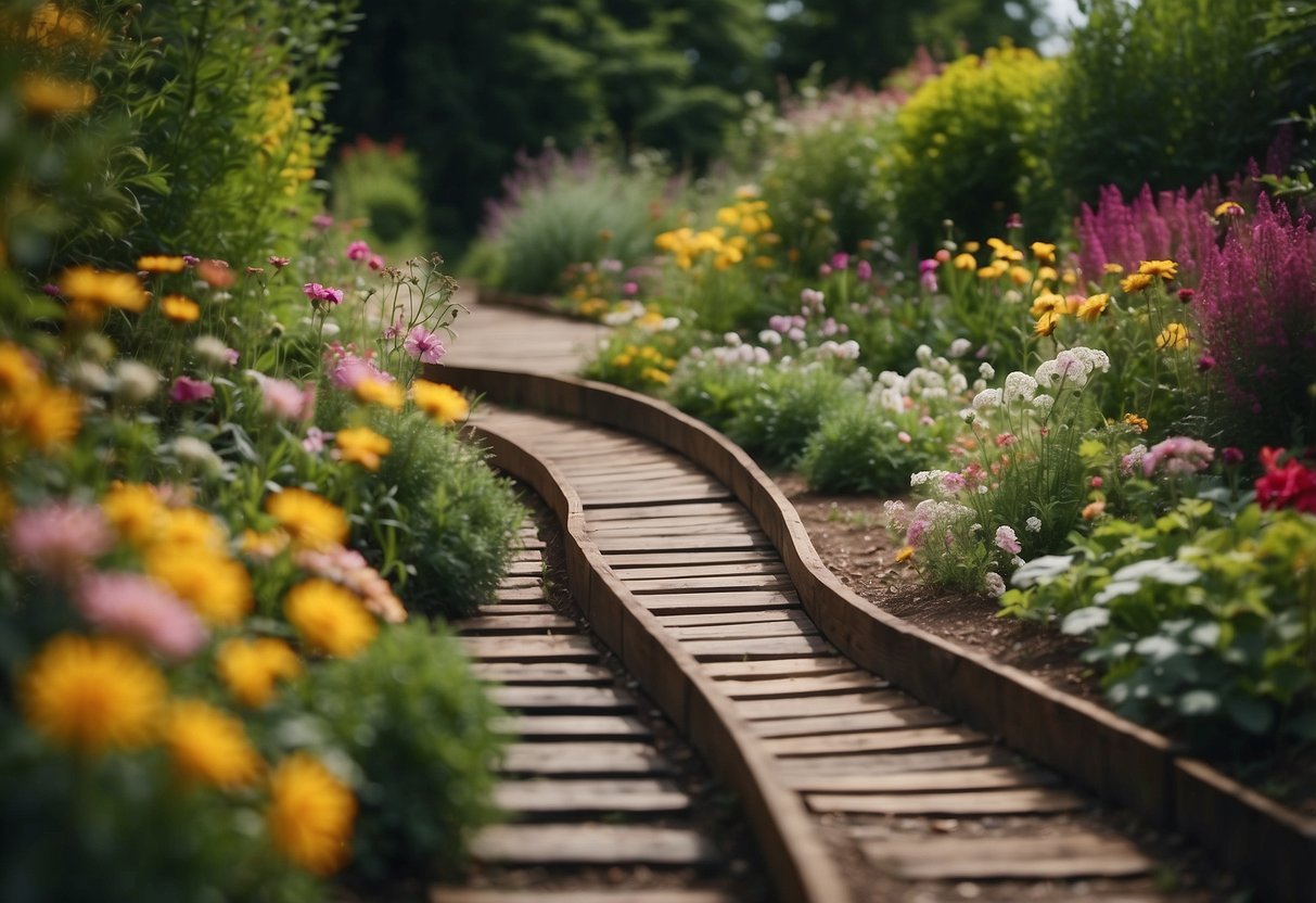 A winding path of railway sleepers weaves through a lush garden, bordered by vibrant flowers and verdant foliage