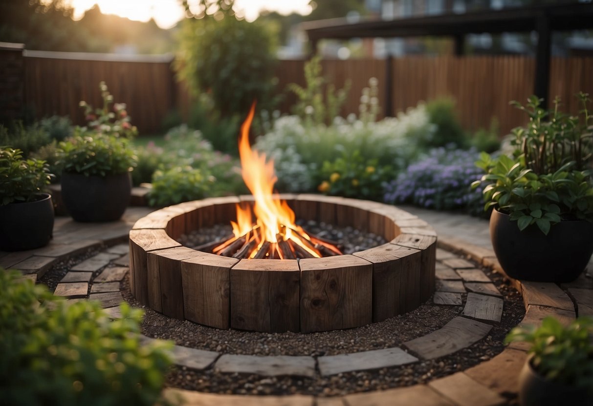 A fire pit surrounded by a garden made of railway sleepers