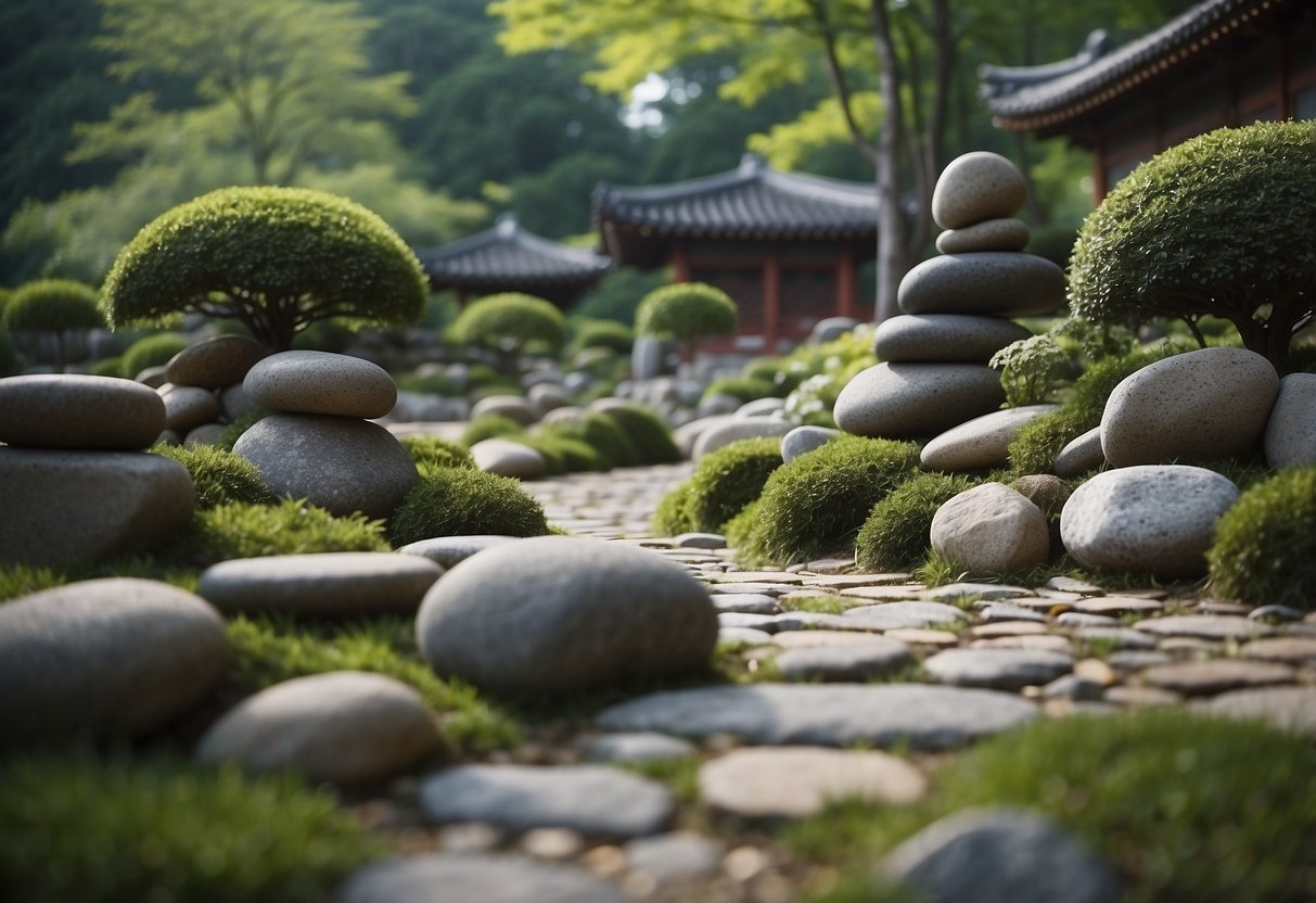 A serene rock garden with carefully placed stones and raked gravel, surrounded by lush greenery and traditional Korean architectural elements