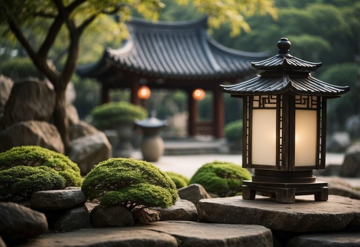 Stone lanterns illuminate a serene Korean garden, surrounded by lush greenery and traditional landscaping elements