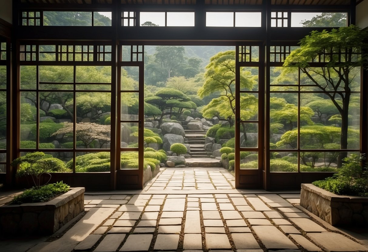 A traditional Korean garden with Chang-ho window panels, lush greenery, and stone pathways