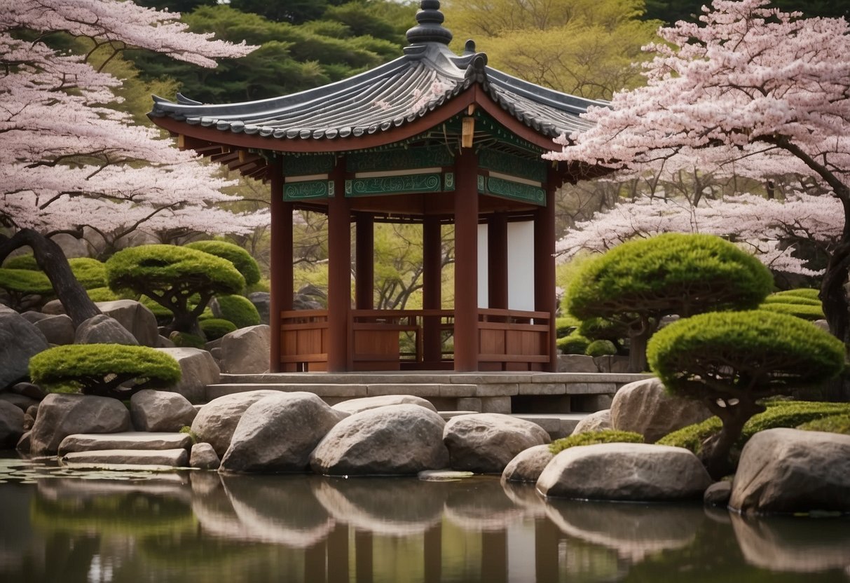 A traditional Korean pavilion stands amidst a serene garden, with blooming cherry blossoms, a koi pond, and winding stone pathways