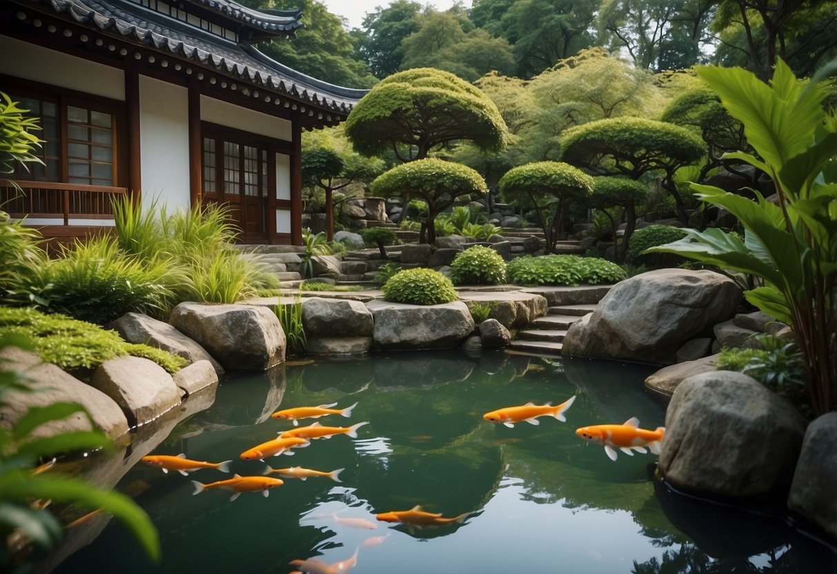 A serene koi pond surrounded by lush greenery, with stepping stones leading to a traditional Korean garden