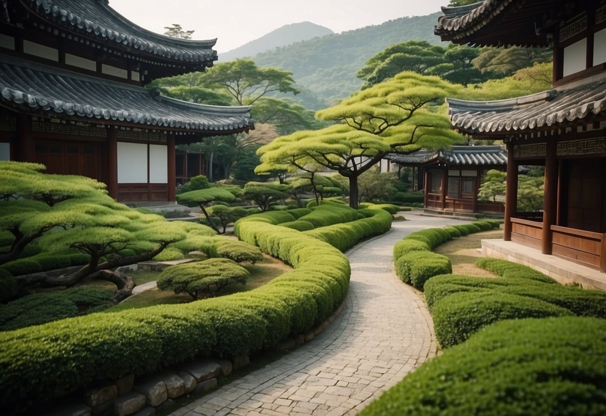 Winding garden paths lead through a Korean garden, surrounded by lush greenery and traditional architectural elements