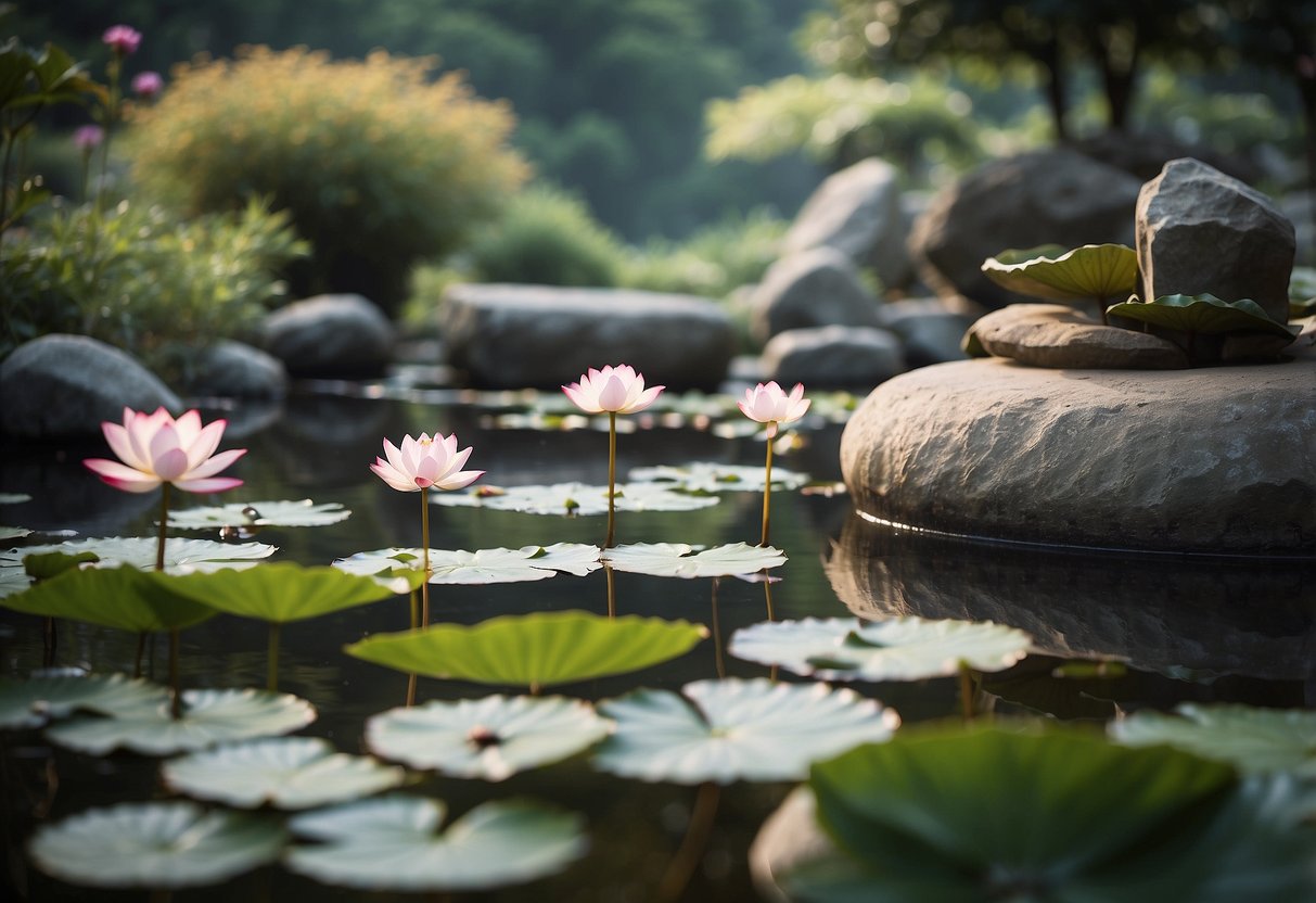 A serene korean garden with a lotus flower water feature