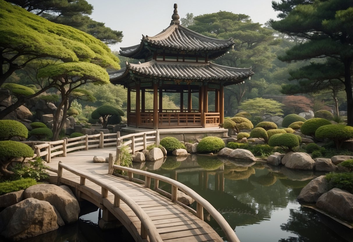 A serene Korean garden with a traditional pavilion, winding paths, lush greenery, and a tranquil pond