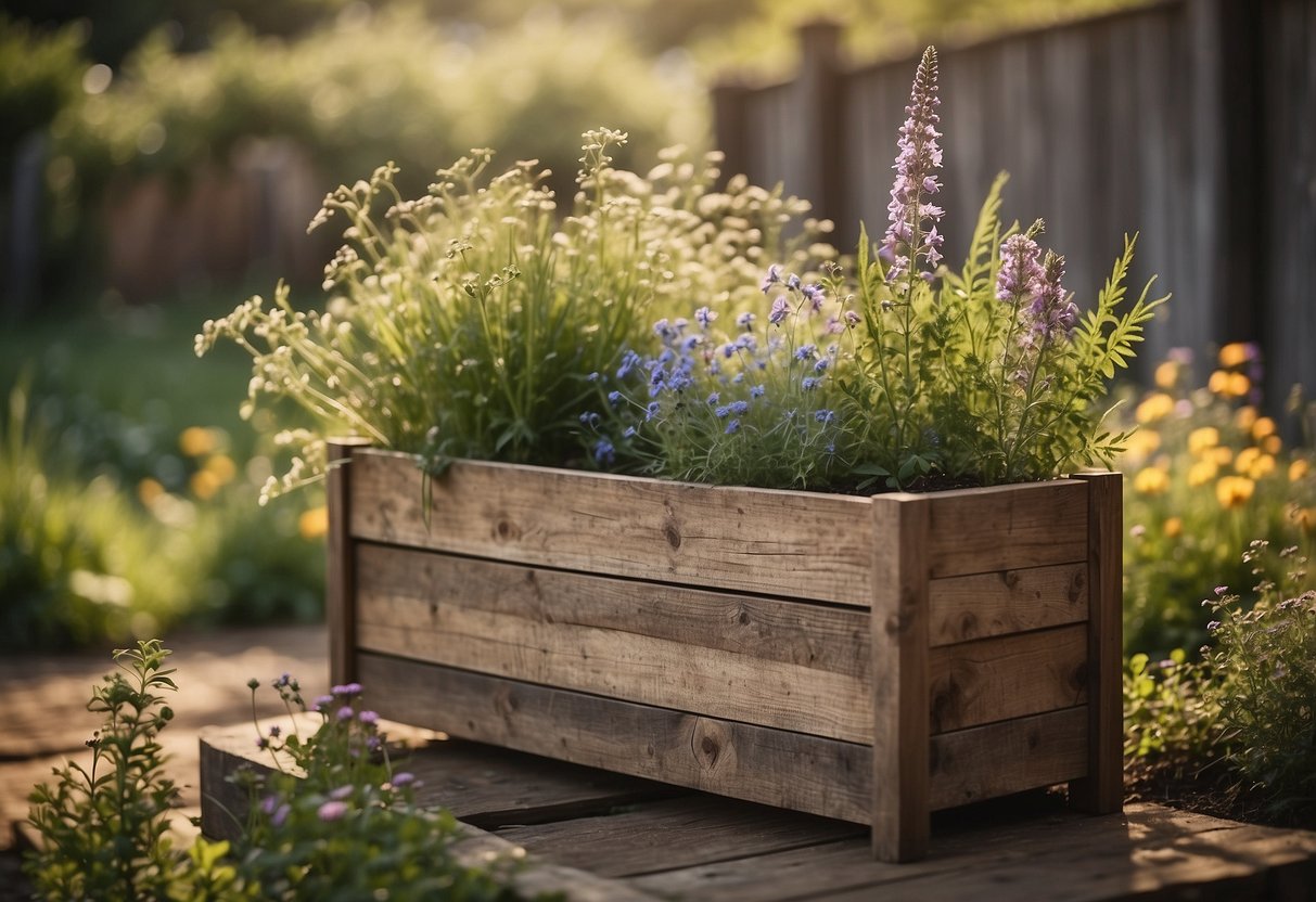 A rustic wooden planter sits in a country garden, surrounded by wildflowers and herbs, creating a charming country-style scene