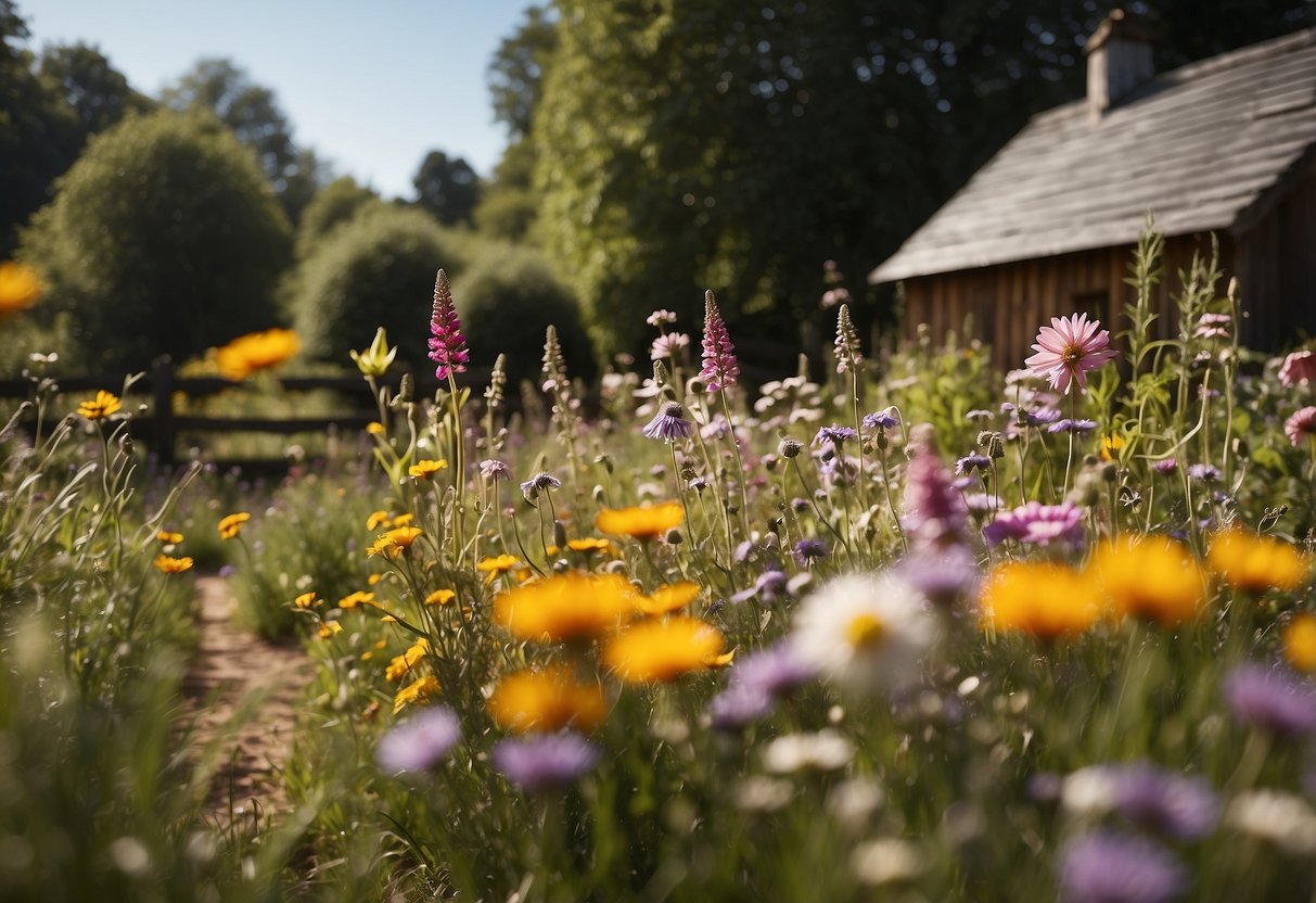 A vibrant wildflower meadow blooms in a country garden, with a rustic wooden fence, winding paths, and a charming cottage in the background