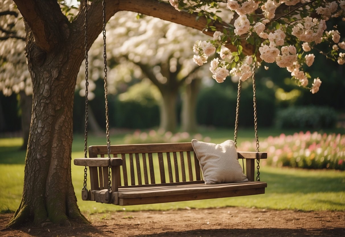 A rustic swing bench hangs from a sturdy tree in a charming country garden, surrounded by blooming flowers and lush greenery