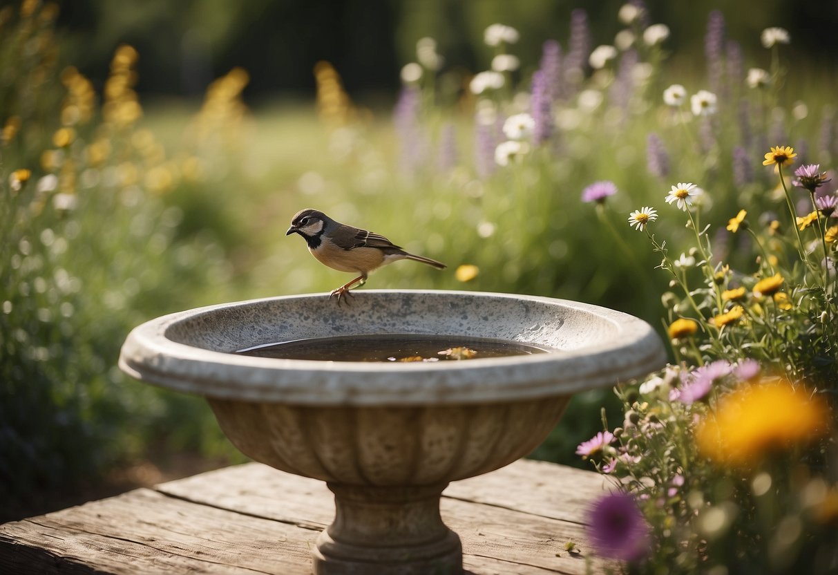 A rustic bird bath sits in a charming country garden, surrounded by wildflowers and vintage decor. A tranquil scene with a touch of nostalgia