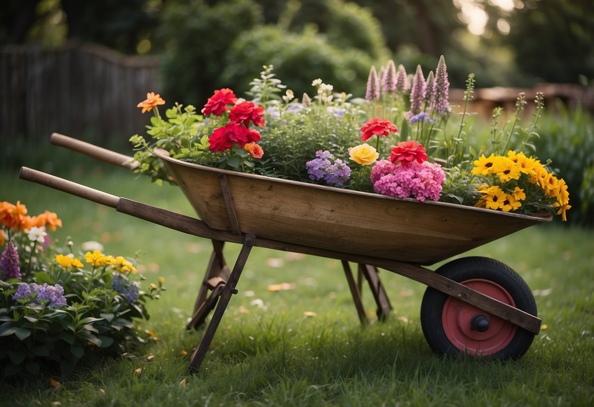 A rustic wooden wheelbarrow overflowing with colorful flowers and surrounded by vintage gardening tools in a lush country garden