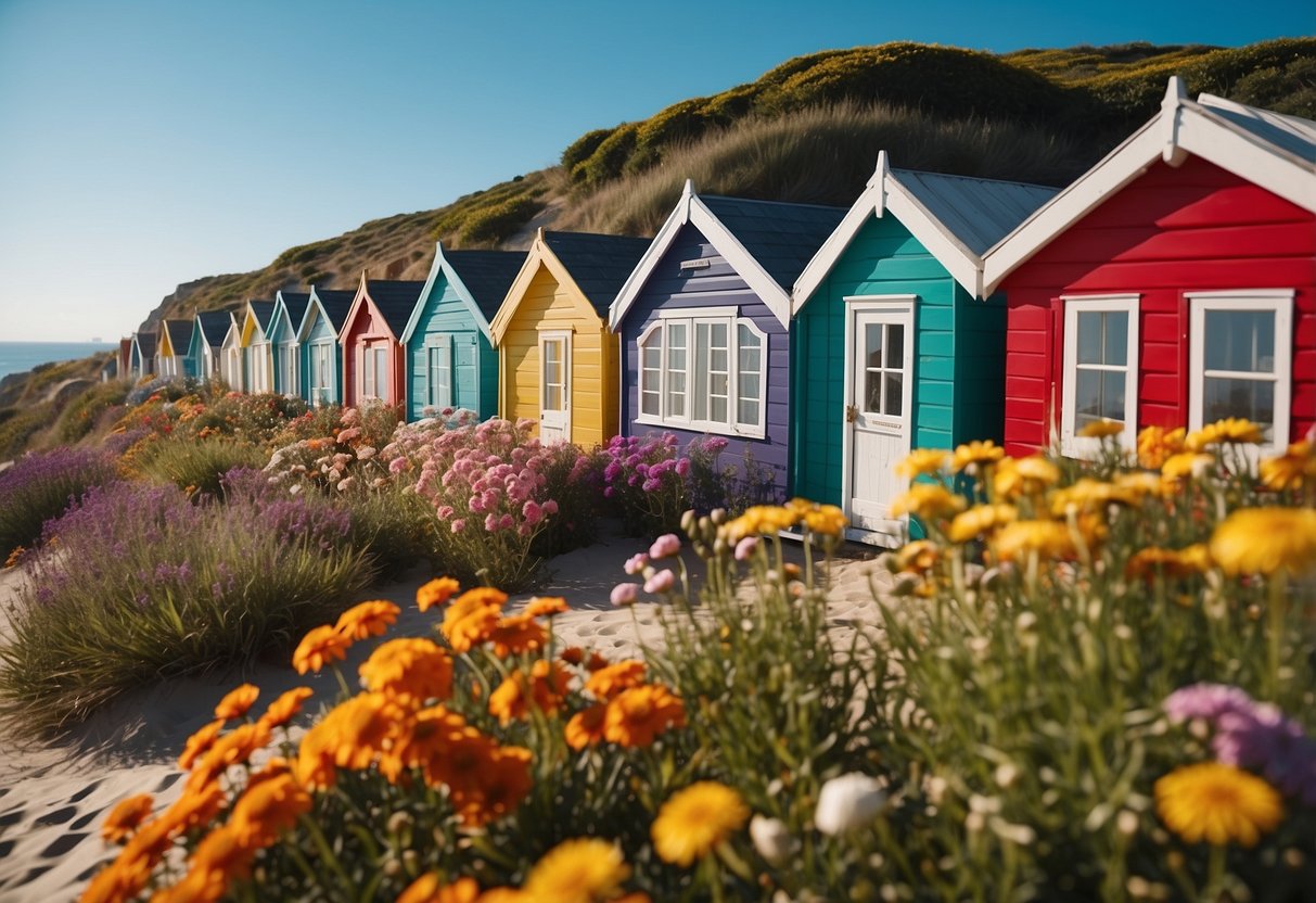 A row of brightly colored beach huts surrounded by vibrant coastal flowers and plants, with a clear blue sky and the ocean in the background