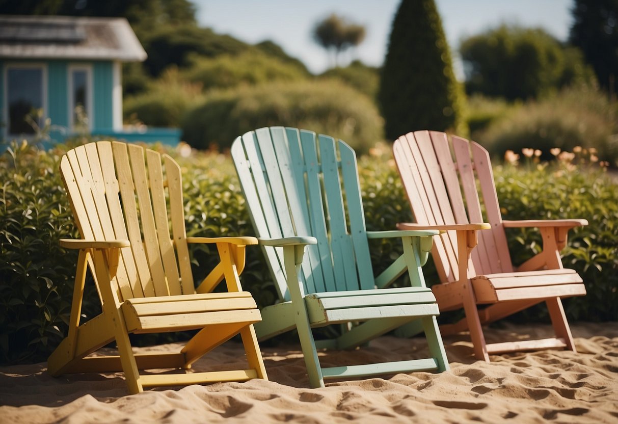 Vintage deck chairs arranged around a beach hut in a lush garden setting