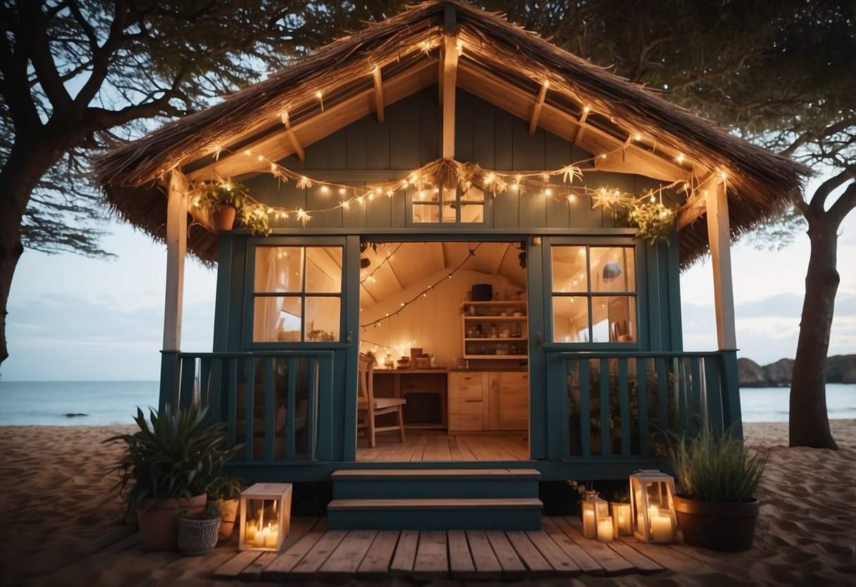 A beach hut surrounded by a garden adorned with string fairy lights, creating a magical and enchanting atmosphere