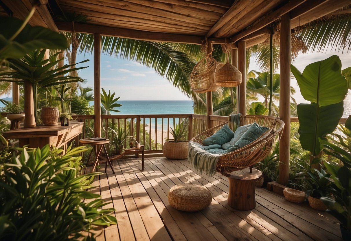 Lush tropical plants surround a cozy beach hut, with a hammock and wooden furniture, creating a serene garden escape