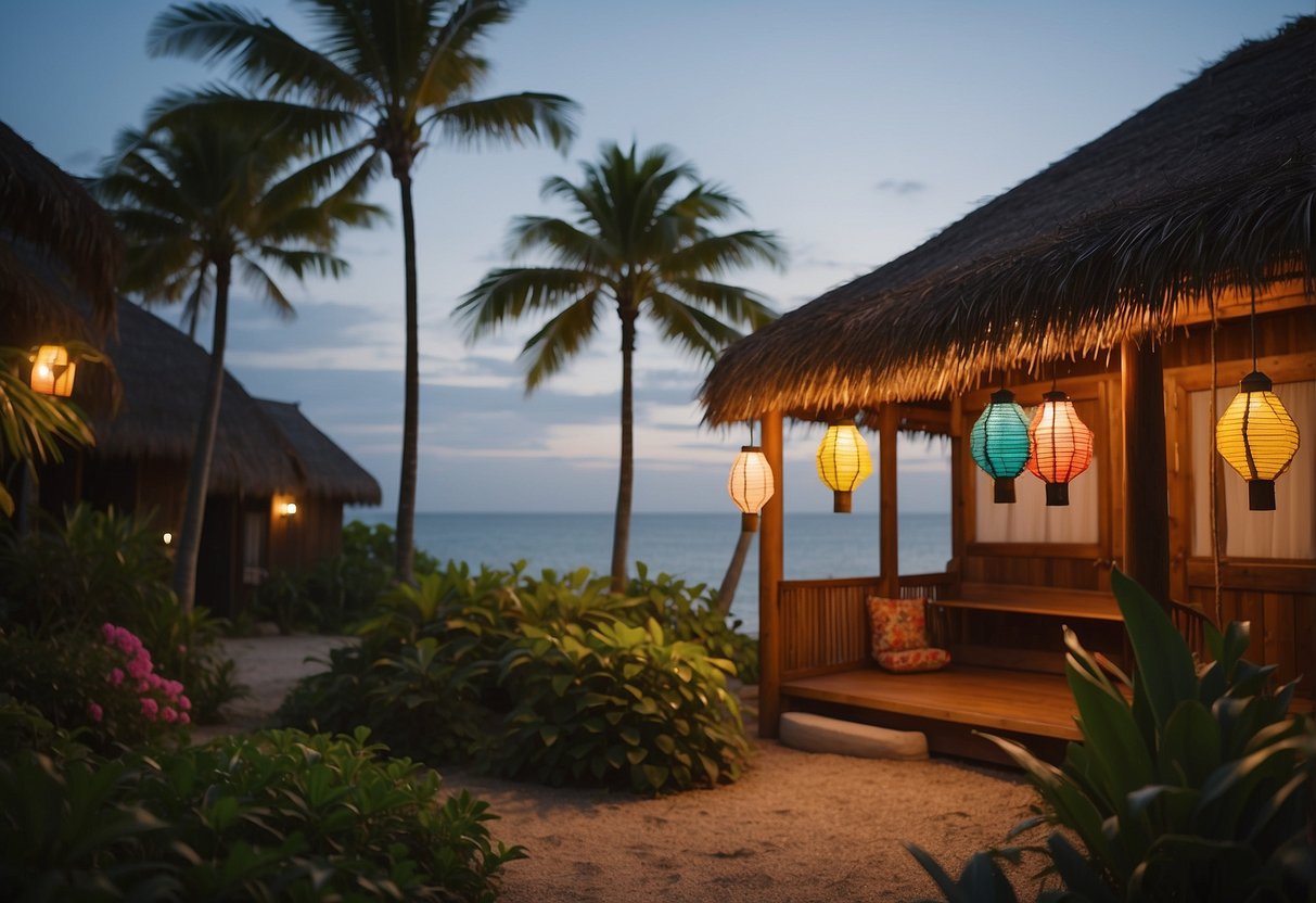 Colorful lanterns hang from the roof of a cozy beach hut, illuminating a lush garden with palm trees and tropical plants