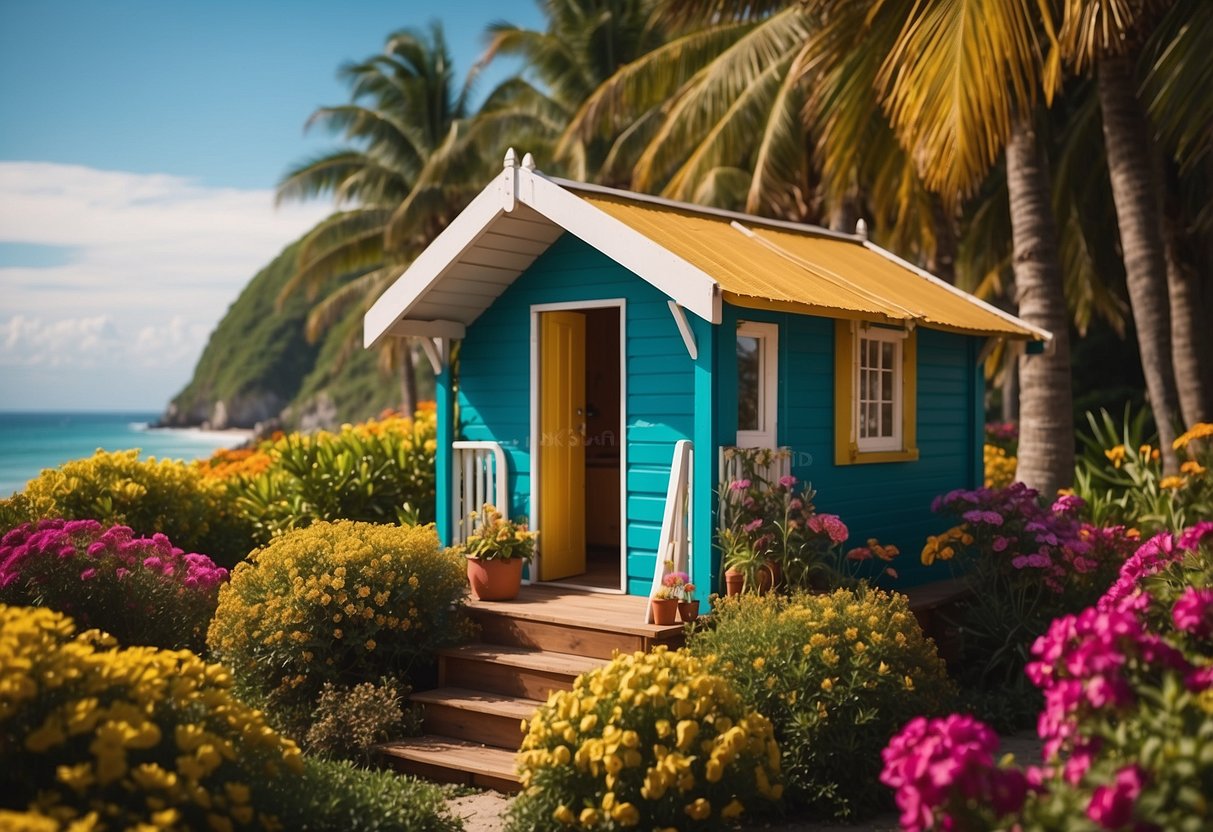 A colorful beach hut nestled among vibrant flowers and palm trees, with the ocean in the background