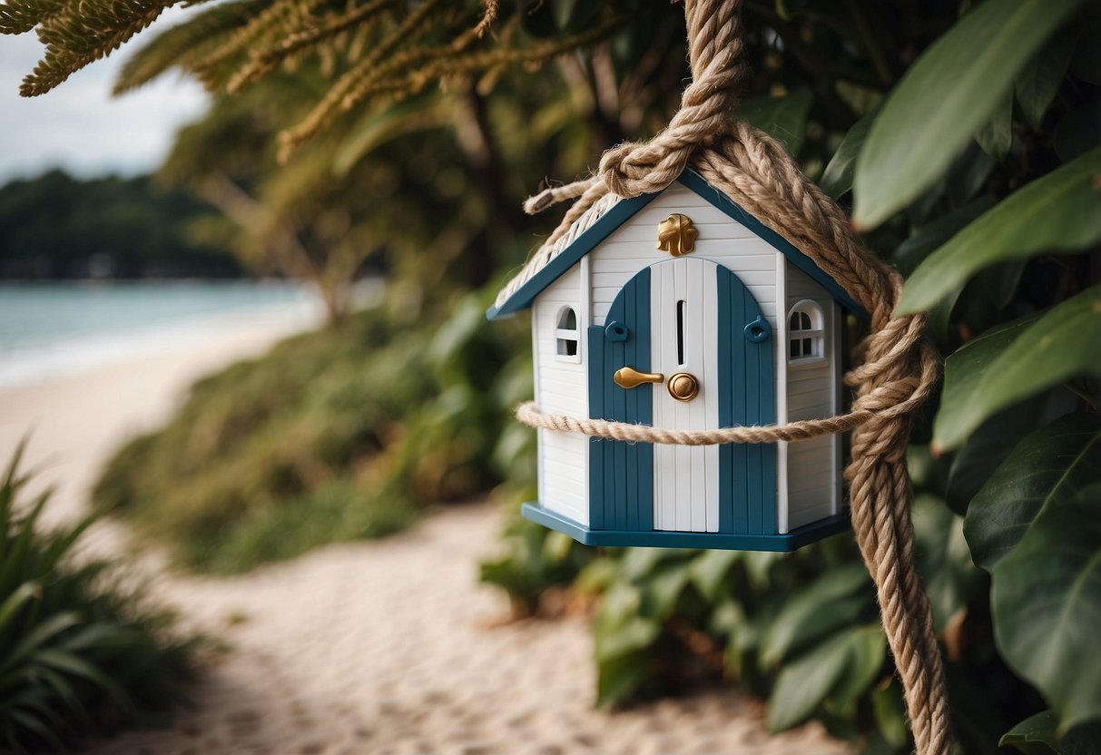 A beach hut garden with nautical rope accents, adding a coastal vibe