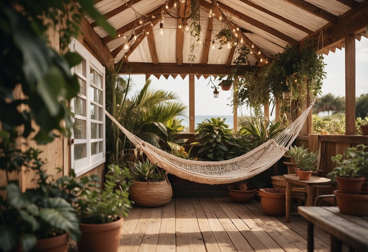 A cozy beach hut garden with a hammock, string lights, and potted plants. A wooden table with a pitcher of lemonade and two chairs. A serene and inviting atmosphere