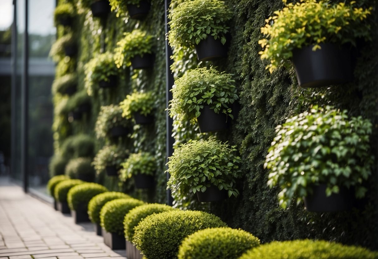 A small front garden with vertical gardens and climbing plants. The greenery covers the walls in a square layout