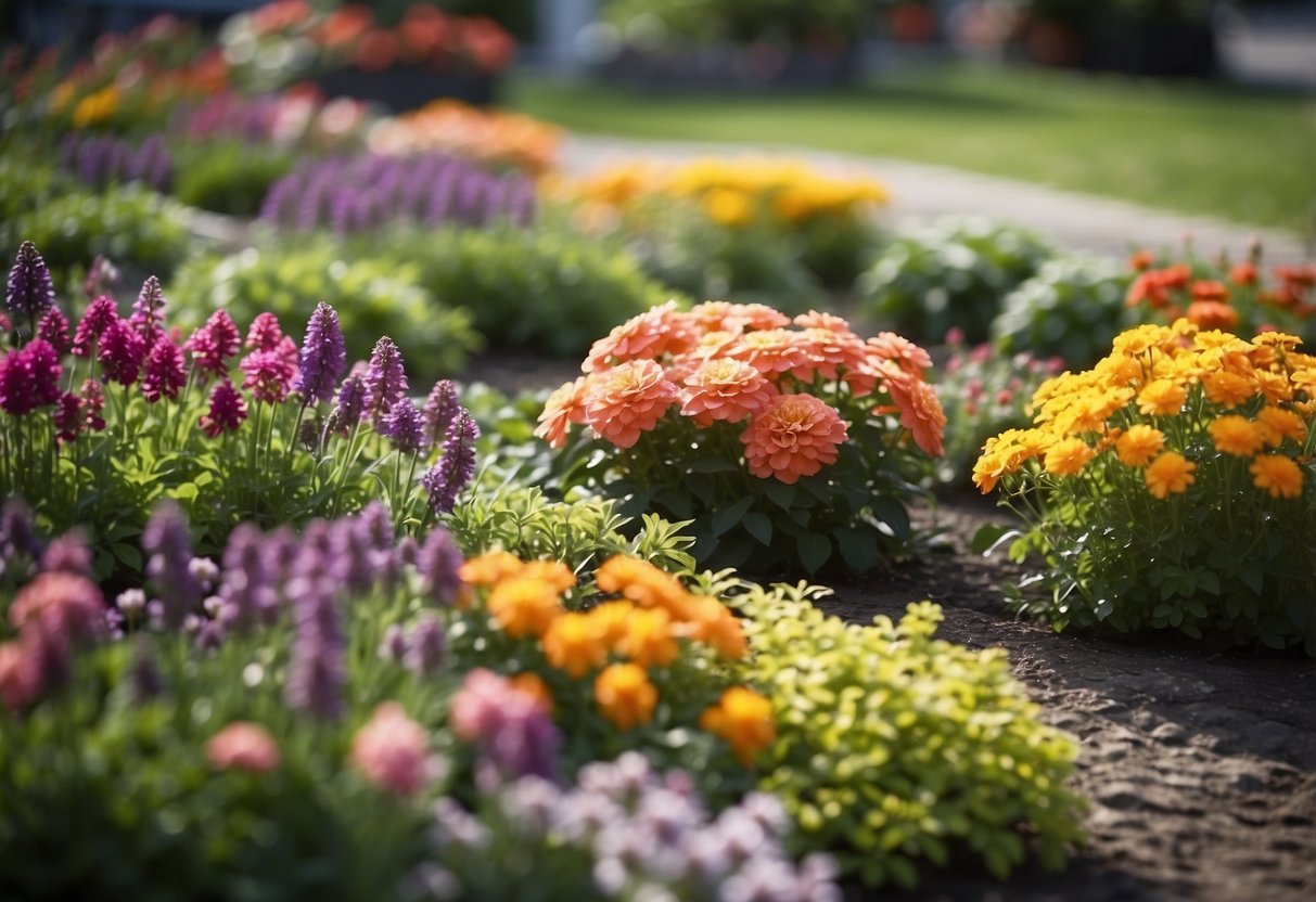 Four raised flower beds filled with colorful perennials in a small square front garden