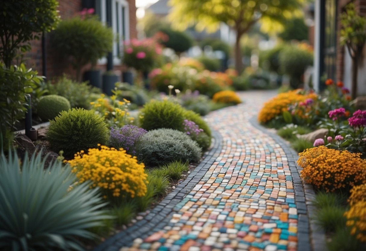 Vibrant mosaic paths wind through a small square front garden, creating a colorful and inviting space