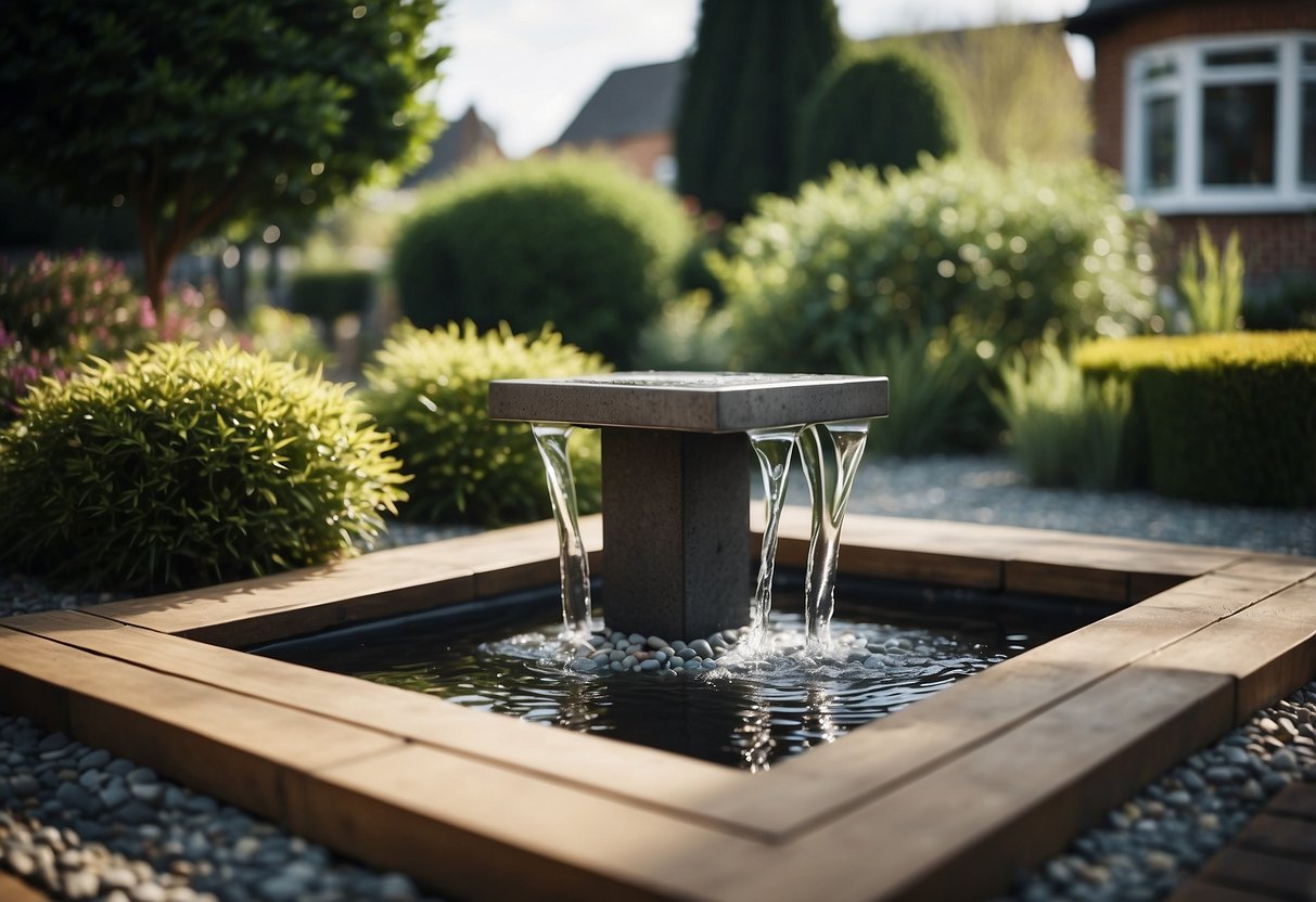 A small square front garden with a compact water feature and minimal landscaping