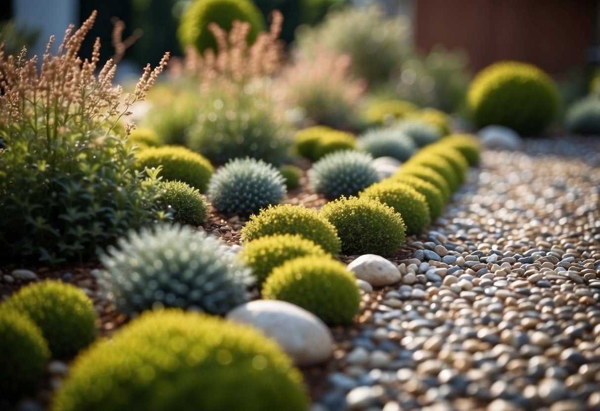 A small front garden with decorative gravel patches and square layout