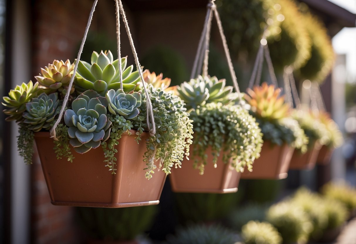 Several hanging planters filled with succulents adorn a small square front garden, creating a charming and inviting outdoor space