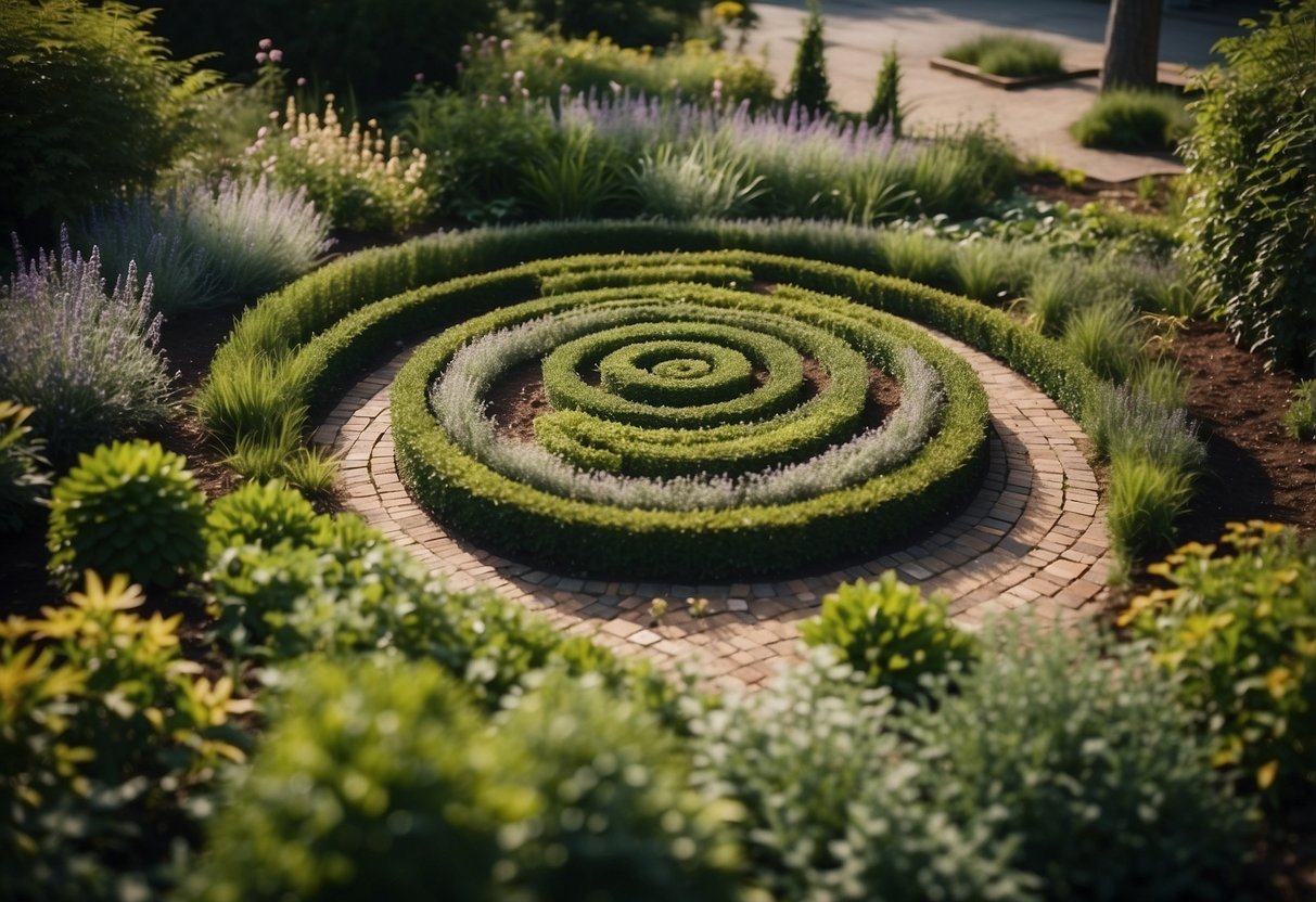 A small square front garden with a herb spiral design, featuring various herbs and plants arranged in a spiral pattern, with a mix of colors and textures