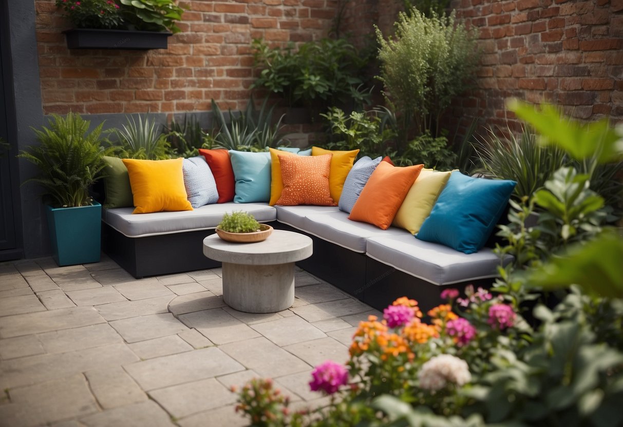 Corner seating with colorful cushions surrounded by vibrant plants in a small square front garden