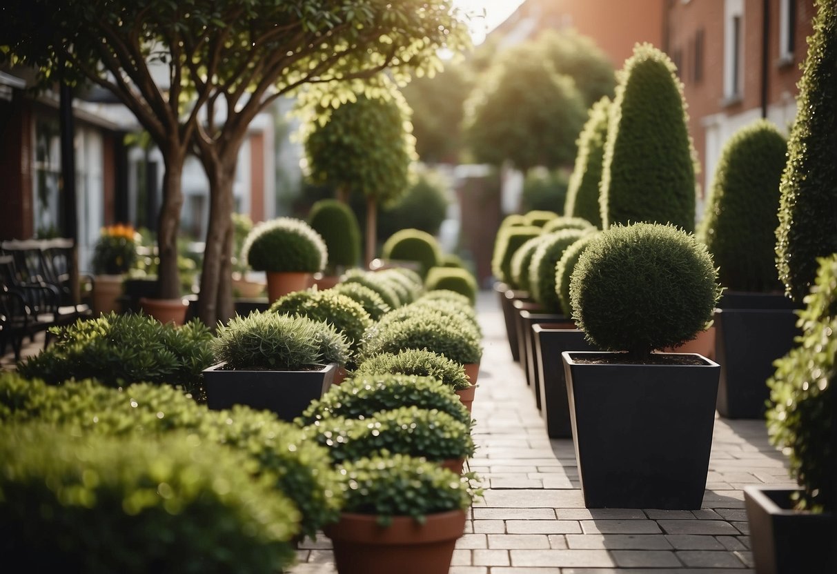 Several potted trees arranged in a small square front garden, providing shade and adding greenery to the space