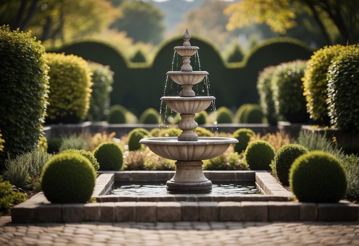 A small square front garden with symmetrical planters, a winding path, and a central focal point fountain