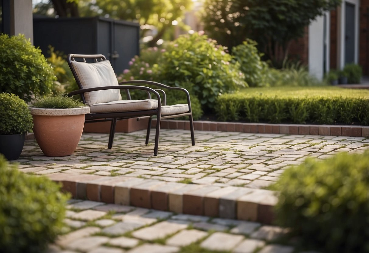 A small square front garden with neatly arranged pavers, a cozy seating area, and vibrant greenery