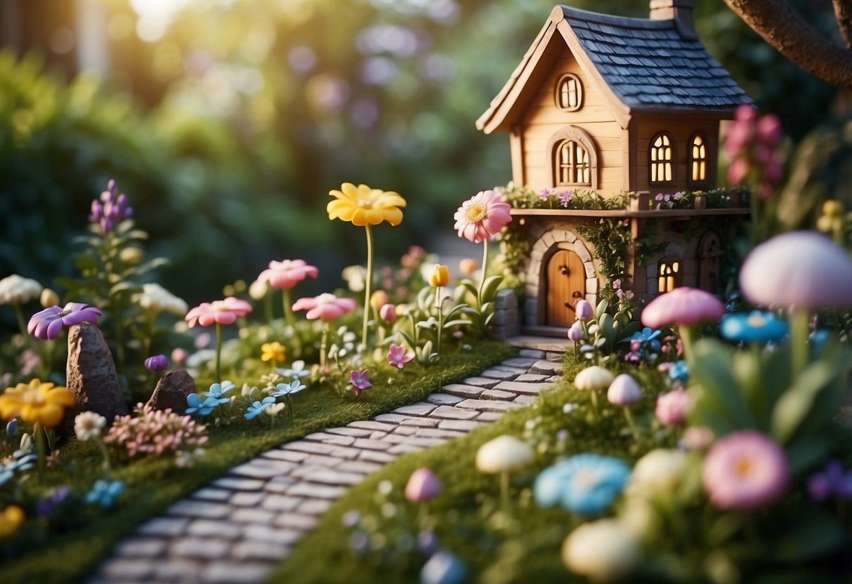 A lush garden with colorful flowers, winding paths, and whimsical fairy houses nestled among the greenery. Sparkling fairy lights and delicate wind chimes add a magical touch to the enchanting scene