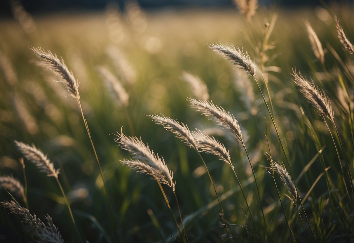 A variety of native grasses sway in the breeze, creating a natural and wild garden scene. The grasses range in height and color, adding texture and movement to the landscape