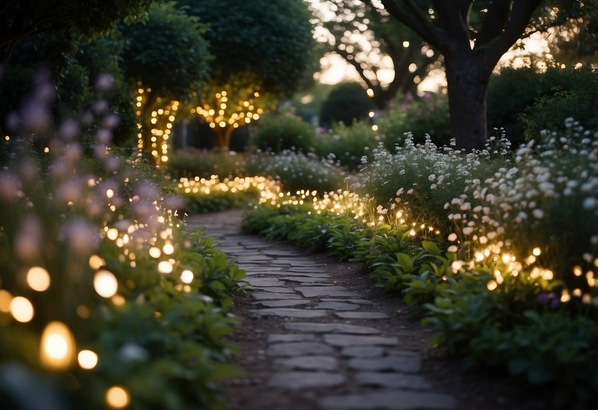 A garden path glows with fairy lights, winding through lush foliage and blooming flowers, creating a magical and enchanting atmosphere