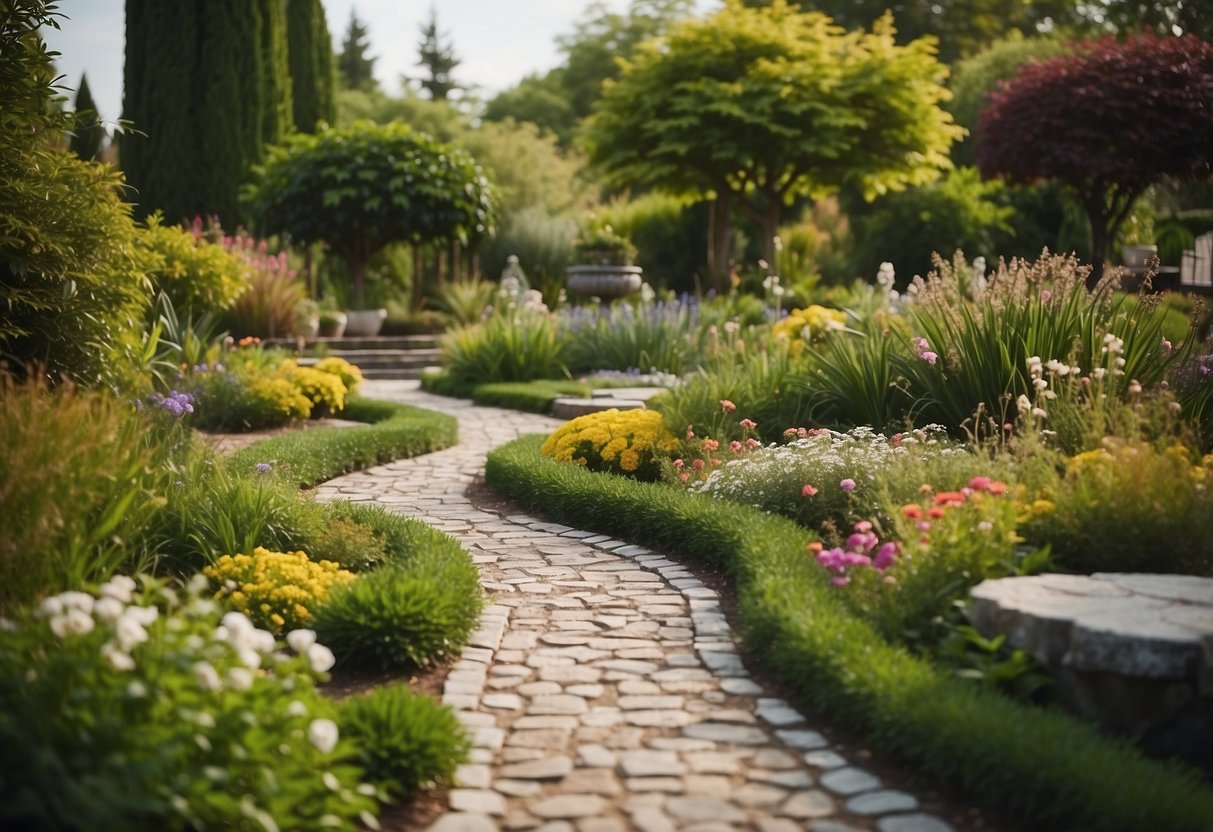 A lush garden with winding paths, colorful flowers, and decorative stepping stones replacing the grass