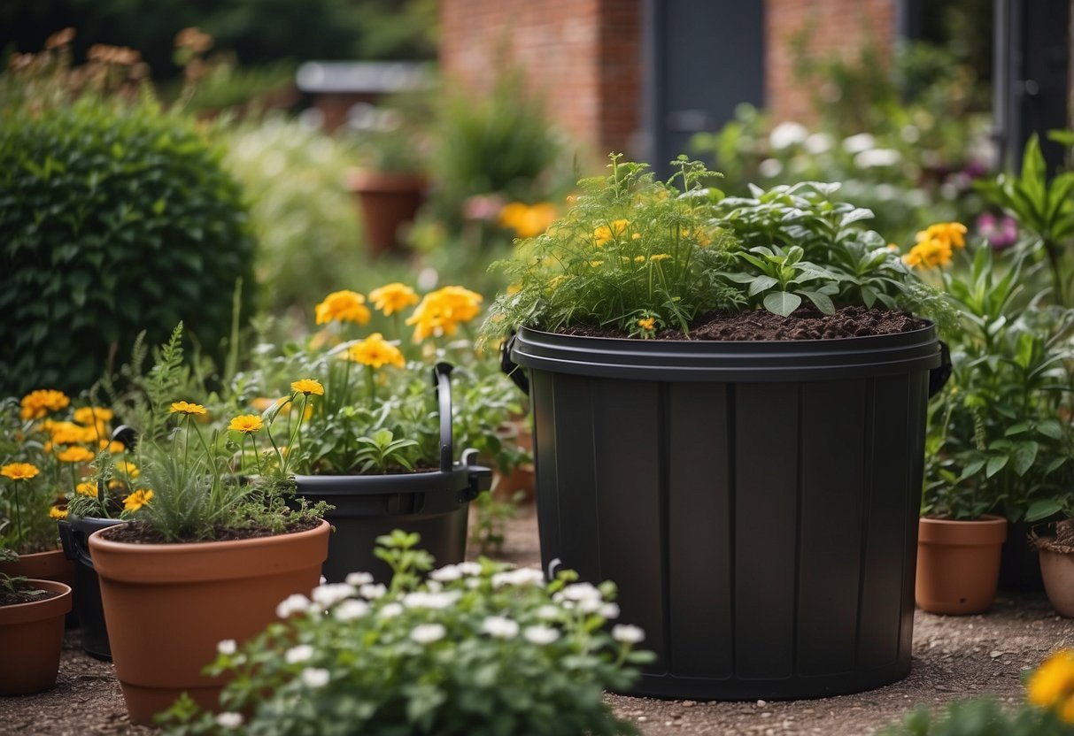 A lush garden with diverse plants and flowers, no grass in sight. A compost bin and rain barrel suggest sustainable practices