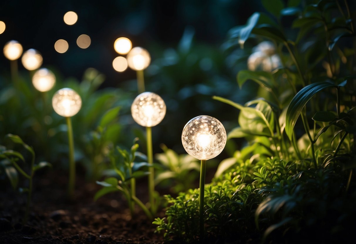 Glowing orbs illuminate a lush garden at night, casting a soft and enchanting light on the surrounding foliage and flowers