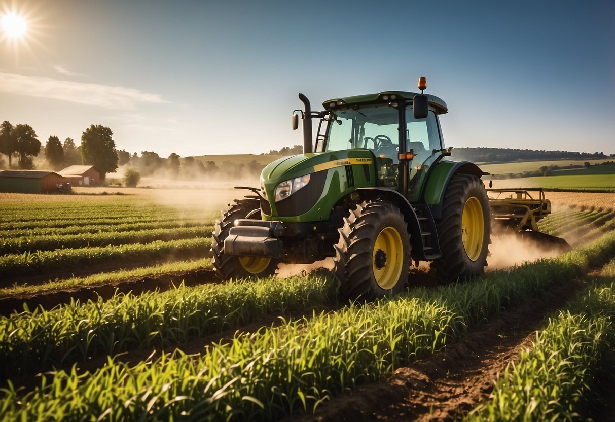 A farmer operates a tractor in a lush green field, surrounded by various farm equipment and tools. The sun is shining, and the scene exudes productivity and agricultural abundance