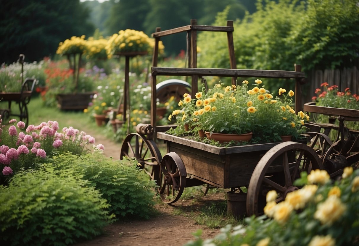 A rustic garden with old farm equipment repurposed as planters and trellises, surrounded by blooming flowers and lush greenery