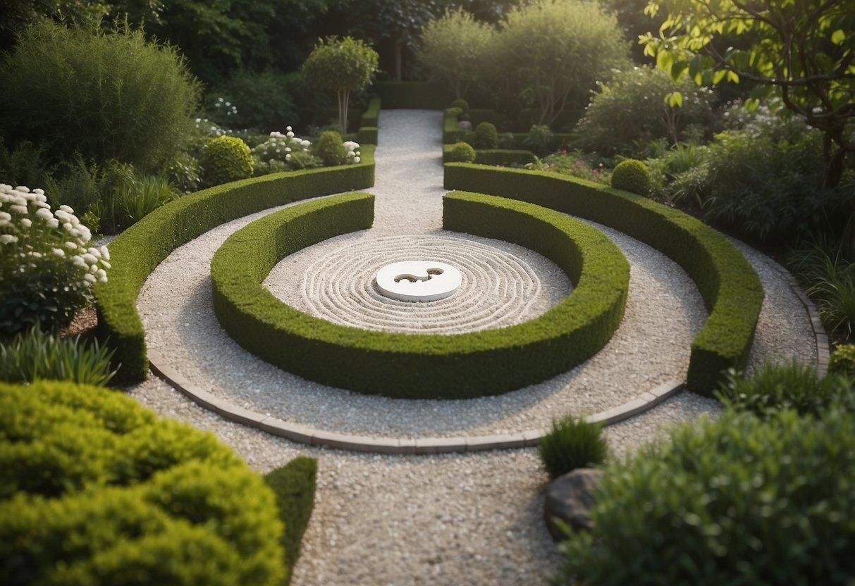 A garden with intersecting white gravel pathways forming a yin yang symbol