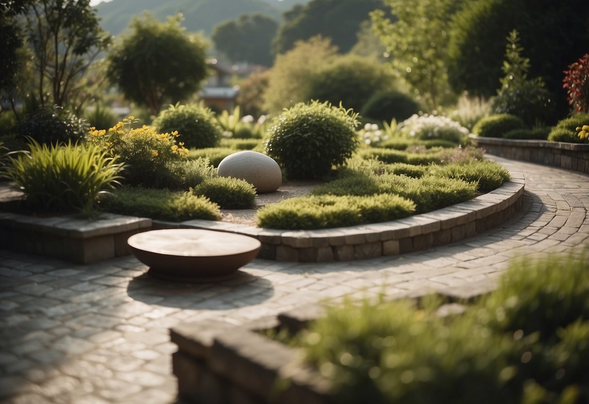 A serene terrace with a yin yang garden, featuring balanced elements and peaceful ambiance